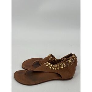 Tory Burch Cognac Brown Leather Gold Studded Gladiator Flat Thong Sandals Sz 8 M